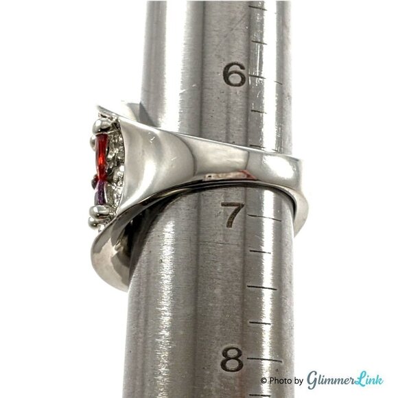 Wide Multi Color Crystals Silver Tone Concave Statement Ring - Picture 9 of 13